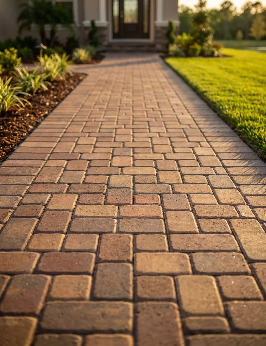 Concept rendering of a brick-tone paver walkway in running bond with a border course leading to a front door