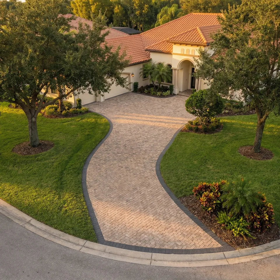 Aerial concept rendering of a curved paver driveway with a dark border between two oak trees