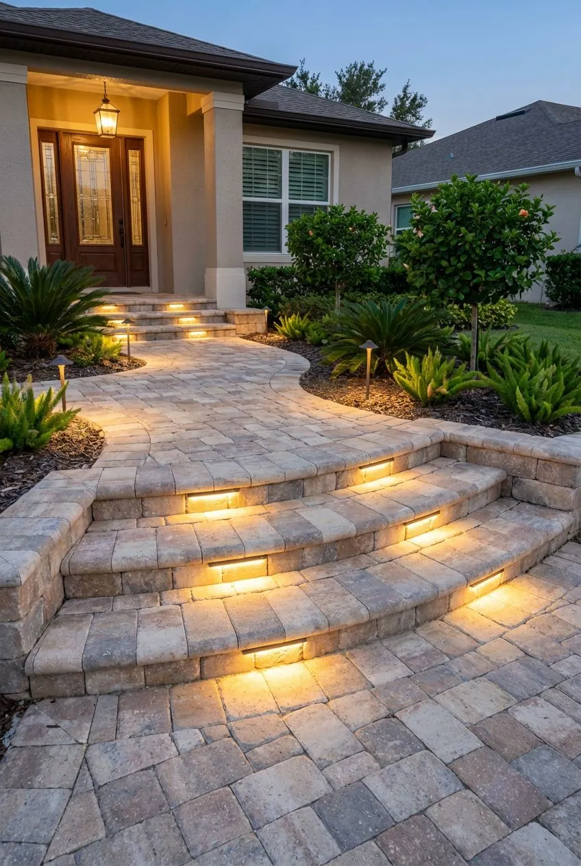 Concept rendering of curved paver entry steps with integrated riser lighting and a winding walkway