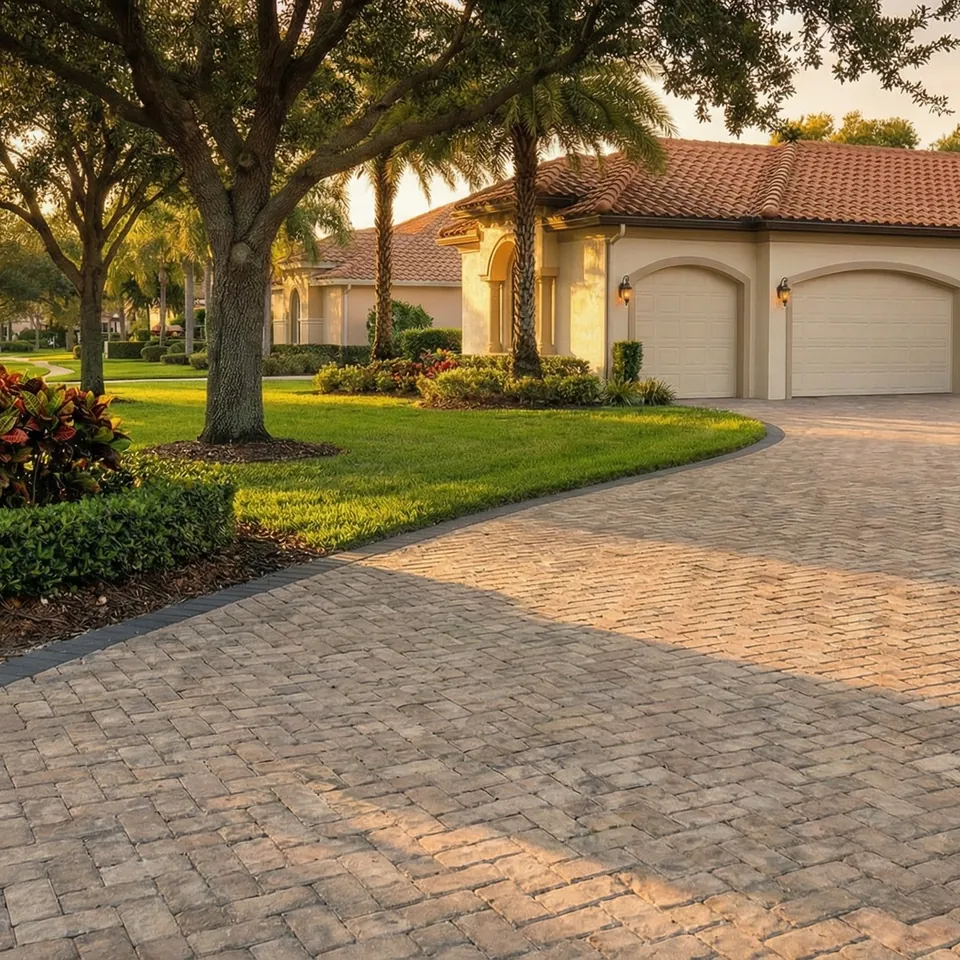 Concept rendering of a curved tan paver driveway with a charcoal border in front of a tile-roof home