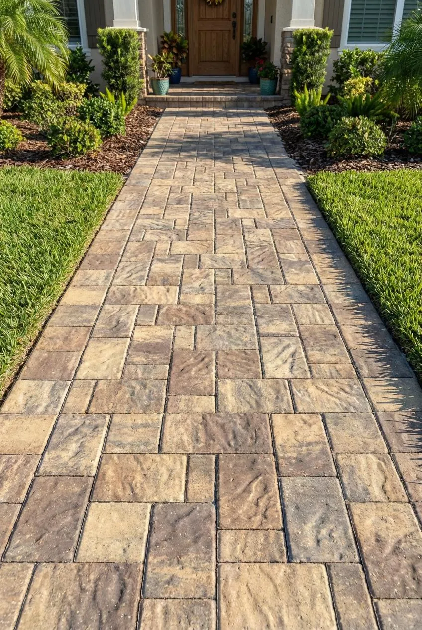 Concept rendering of a tan paver front walkway with a soldier-course border leading to a covered entry