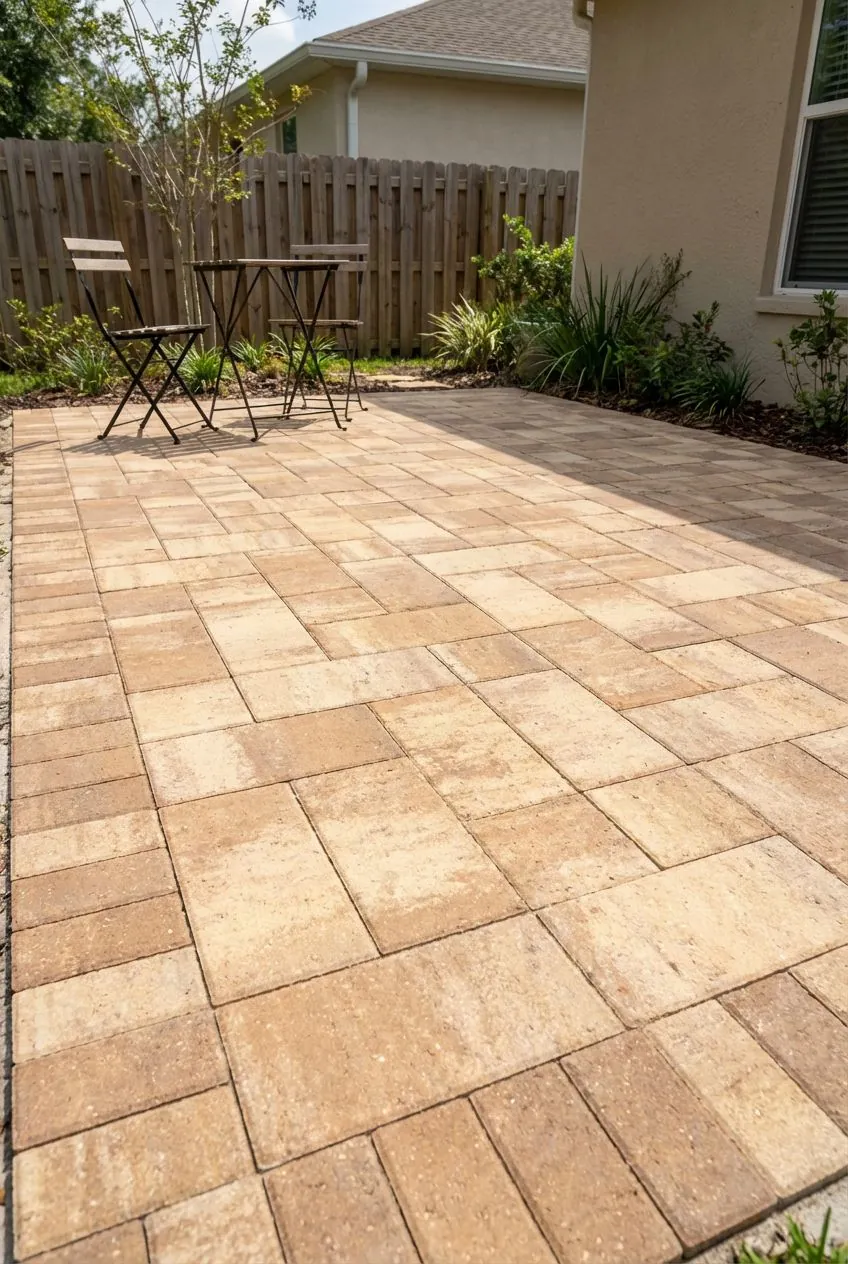 Concept rendering of a small tan paver patio with a bistro set beside a wood privacy fence